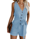 Women's Casual V-neck Monochromatic Jumpsuit, Five-Point Shorts, European and American, Summer, New, 2024