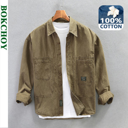 2023 Spring New Cargo Casual Shirt for Men 100% Cotton Big Pockets  Four Seasons Loose Men Clothing AZ760