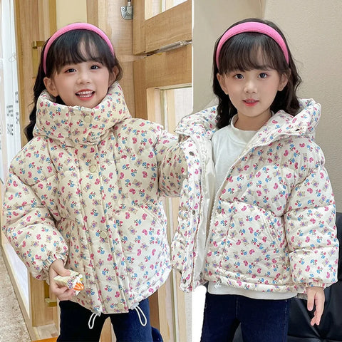 Korean Baby Girl Winter Top Clothes Thicken Cotton-padded Children Warm Floral Hooded Plush Outwear Coat Baby Kids Winter Jacket