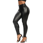 Women Black Faux Leather Leggings High Waist Stretch Shaping Hip Push Up Pants With Pocket Ladies Elastic Bodycon Yoga Trousers