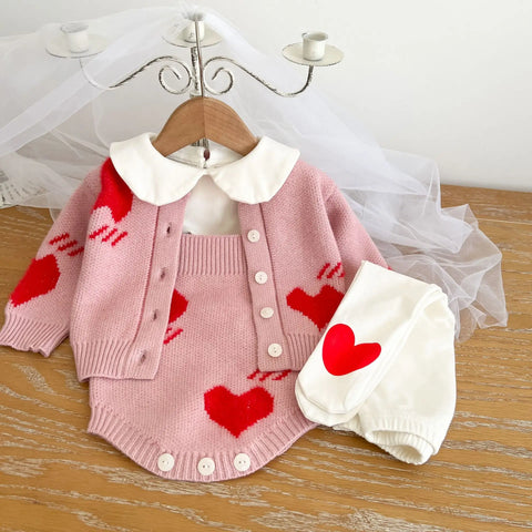 2023 Winter Ins Infant Girls Jumpsuit Knit Cotton Love Embroidery Baby Girls Cardigan+straps Romper Sweet Cute Toddler Girl 3PCS