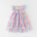 Girls Tulle Super Fairy Princess Dresses Fly Sleeve Rainbow Star Sequined Cake Dress Children Mesh Puffy Birthday Party Vestidos