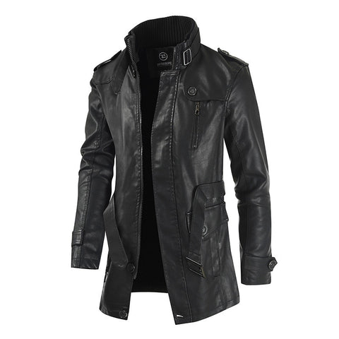 Men Winter Long Thick Fleece PU Leather Jacket Mens Streetwear Casual Business Clothing Pocket Leather Jackets Coat Outwear Men