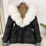 OFTBUY 2024 Winter Jacket Women Real Natural Fox Fur Collar Hooded Thick Warm 90% White Duck Down Coat Female Streetwear Casual