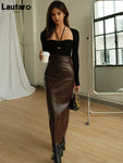 Lautaro Spring Autumn Soft Brown Faux Leather Maxi Skirt Women with Back Slit High Waist Long Luxury Elegant Office Clothes 2022