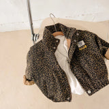 AYNIGIELL Spring Autumn Children's Casual Long-sleeved Jacket Boys Korean Leopard Print Jacket Girls Short Denim Coat