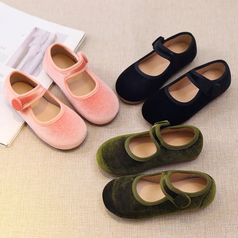 Girl's Princess Shoes Velevt Round Toe Elegant Four Seasons Children Mary Janes 23-36 Shallow Flexiable All-match Kids Flats