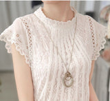 Ladies White Lace Blouse Short Sleeve Stand Collar Women Tops Elegant Patchwork Crochet Women Shirt Plus Size Blusas Mujer 01C