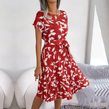 Ficusrong Fashion Floral Pleated A Line Long Dress Women Spring Summer Short Sleeve High Waist Chic Dress