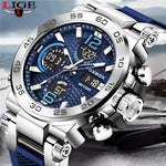LIGE New Watches For Men 50M Waterproof Clock Alarm reloj hombre LCD Dual Display Wristwatch Quartz Military Sports Mens Watch