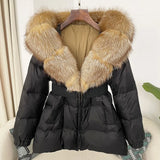 OFTBUY 2024 Winter Jacket Women Real Natural Fox Fur Collar Hooded Thick Warm 90% White Duck Down Coat Female Streetwear Casual