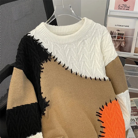 2024 Autumn/winter New Men's Sweater Japanese Style Color Blocking Hong Kong Street Round Neck Pullover Casual Knitted Top