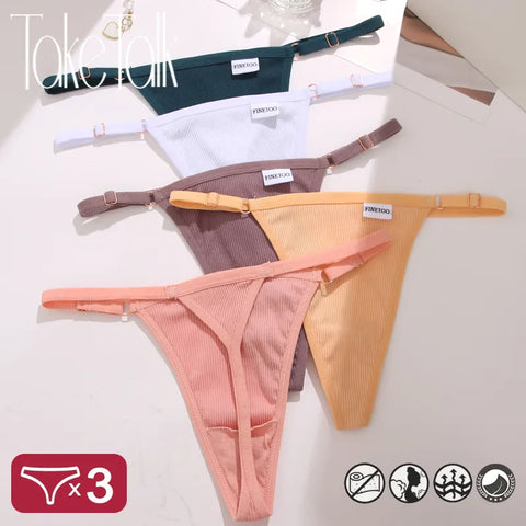 3PCS/Set Women Cotton Panties Sexy T-Back Thong Adjustable Waist G-String Underwear Breathable Soft Intimates Lingerie FINETOO