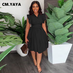 CM.YAYA Women Big Swing Lapel Collar Flare Short Sleeve High Waist Dress INS 2023 Fashion Evening Sexy Party Dresses Vestidos