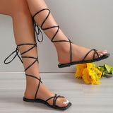 Lucyever Rome Cross Strap Flat Sandals Women Summer 2023 Square Toe Gladiator Sandals Woman Non Slip Beach Shoes Plus Size 43