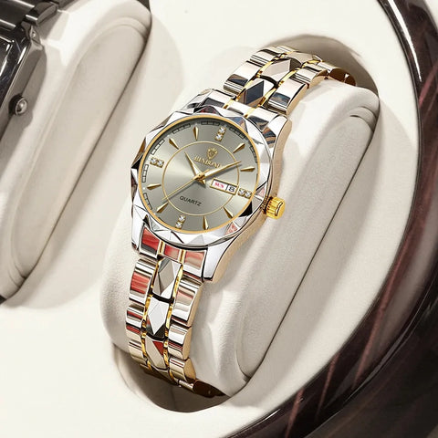 BINBOND Japan Quartz movement Golden Watches Women Top Brand Luxury Stainless Steel Strap Date Week watch Clock reloj hombre