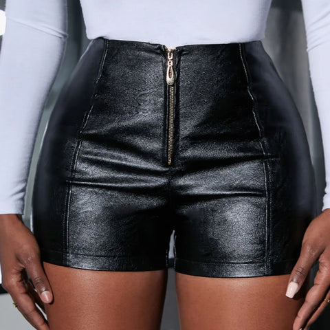 Summer Chic Fashion Faux PU Leather Shorts Women Vintage Mid Waist Bodycon Zipper Black Shorts Female Sexy Slim Short Pants