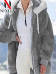 New In Spring  Autumn Loose Plush Zipper Hooded Jacket Women's Coats and Jackets Women's Pink Clothes Winter Jackets Women Tops