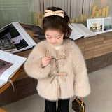 Fashion Girls Fur Long Sleeves Winter Warm Faux Fur Coat Solid Color Bow Baby Girl Thick Jackets Children’s Top CH196