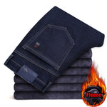 2022 Winter New Men&#39;s Fleece Warm Jeans Classic Style Business Casual Thicken Regular Fit Denim Pants Black Blue Brand Trousers