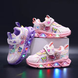 Disney LED Casual Sneakers For Spring Girls Frozen Elsa Princess Print Pu Leather Shoes Children Lighted Non-slip Pink Purple