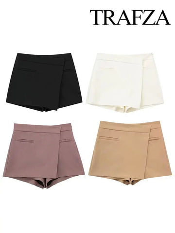 TRAFZA 2023 Autumn Culottes For Women 4 Colors Irregular Sheath Short Pant Female Chic Versatile High Street Women's Shorts