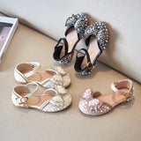 2023 New Summer Girls Sandals Cute Bow Pearl Sequins Kids Princess Shoes Flat Heels Dancing Shoes Size 21-36