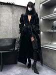 Lautaro Spring Autumn Extra Long Oversized Cool Reflective Shiny Black Paten Leather Trench Coat for Women Belt Runway Fashion