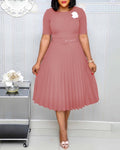 CM.YAYA Summer Midi Pleated Dress Short Sleeve Office Lady Africa Sashes Women High Waist Elegant Dresses Vestidos