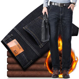 2024 Winter Jeans Men Black Blue Stretch Thick Velvet Pants Warm Denim Casual Fleece Trousers Male Plus Size