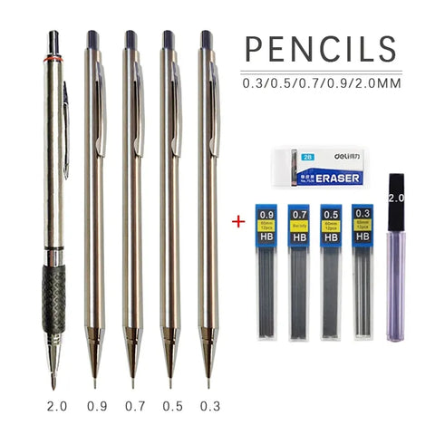0.3 0.5 0.7 0.9 2.0mm Full Metal Mechanical Pencil Set School Art Sketch Writing Stainless Steel Automatic Pencils Kawaii Supply