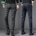 2023 Autumn Winter England Plaid Work Stretch Pants Men Business Fashion Slim Thick Grey Blue Casual Pant Male Brand Trousers 38