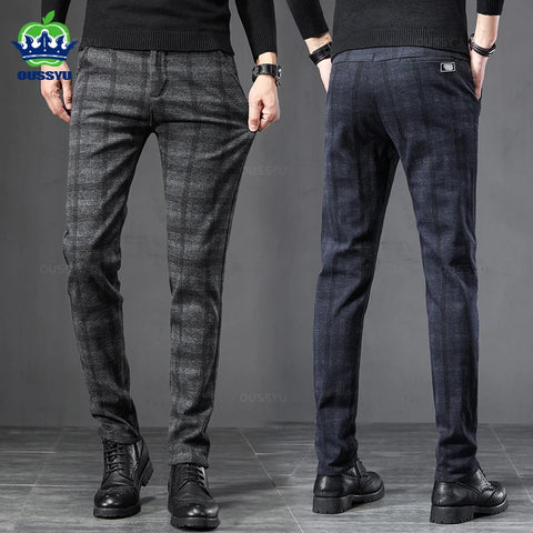 2023 Autumn Winter England Plaid Work Stretch Pants Men Business Fashion Slim Thick Grey Blue Casual Pant Male Brand Trousers 38