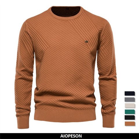 AIOPESON Solid Color Cotton Men's Sweater Striped O-Neck Knitted Pullover for Men Casual High Quality New Winter Sweater Men