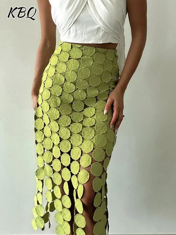 KBQ Dot Asymmetrical Solid Skirts For Women High Waist Slim A Line Tunic Irregular Split Spliced Tassel Skirt Female Fashion New