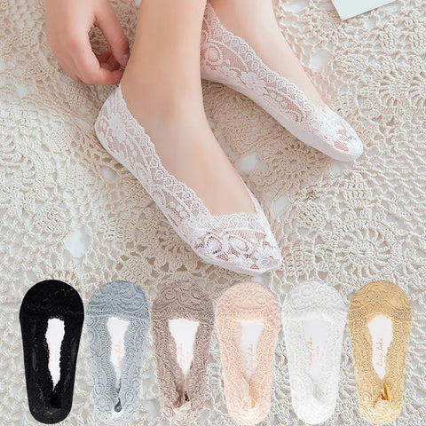 5 Pairs/Lot Socks Women's Ankle Short  No-Show Invisible Foot Summer Thin Cotton Set White Low Cut Boat Lace Silicone Non-Slip