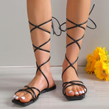 Lucyever Rome Cross Strap Flat Sandals Women Summer 2023 Square Toe Gladiator Sandals Woman Non Slip Beach Shoes Plus Size 43