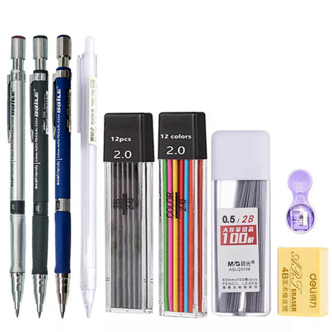 Mechanical Pencil Set 2.0 mm with 2B Black/Colors Lead Refill For Writing Sketching Art Drawing Painting School Automatic Pencil