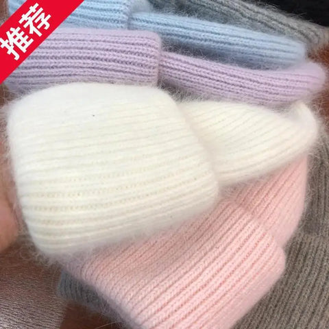 Winter Angora Rabbit Keep Warm Knitting Solid Cap Leisure Lady Skullies Beanies Cap Men Women Cool Hat