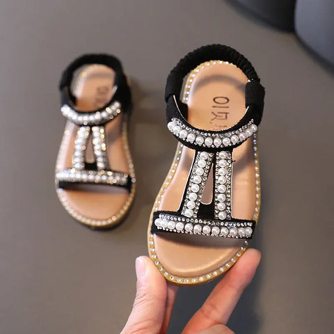 Girls Sandals Kids Summer Roman Shoes 2022 Elegant Pearl Rhinestone Party Princess Shoe Flats Non-slip Casual Girl Beach Sandal