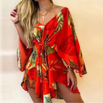 2023 New Summer Beach Elegant Women Dresses Sexy V Neck Lace-up Floral Print Mini Dress Casual Flared Sleeves Ladies Party Dress