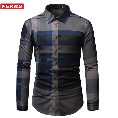 FGKKS 2023 New Button Down Men's Plaid Cotton Mens Dress Shirts Male Long Sleeve Slim Fit Business Casual Floral Man Shirt