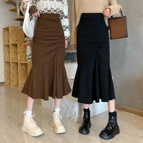 Lucyever Fashion High Waist Midi Skirts for Women 2023 Spring Slim Fit  Hip Mermaid Skirt Woman Korean Ruffles Brown Skirts 2XL