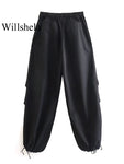Willshela Women Fashion Parachute Cargo Pants Vintage Jogging Trousers High Elastic Waist Female Chic Lady Boot Cut