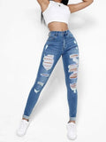 Ripped Holes Casual Skinny Jeans Autumn, Slash Pockets Distressed Single-Breasted Button Mid Waist Denim Pants