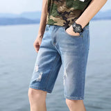 28-40 New Summer Men's Personalized Washable Perforated Denim Pants Large Casual Middle Pants