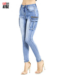 catonATOZ 2237 Women Spring 2023 Fashion Cargo Pants Summer Female Zipper Pocket Stretch Slim Jeans Skinny Denim Tousers