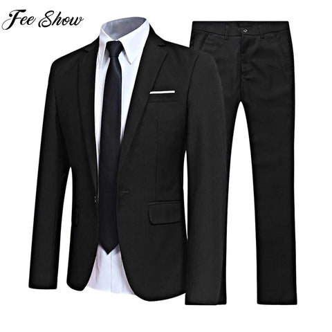 Men Gentleman Suit 2Pcs Formal Uniform Long Sleeve Lapel Blazer Jacket with Pants Office Meetings Business Wedding Party Outfits