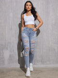 Women Ripped Jeans Cotton Skinny Stretch Lady High Waist Hole Denim Pants Fashion Solid Color Sexy Pencil Trousers