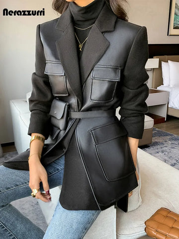 Nerazzurri Autumn Black Wool Blends Patchwork Leather Jacket Women with Many Pockets Long Sleeve Korean Fashion Streetwear 2022